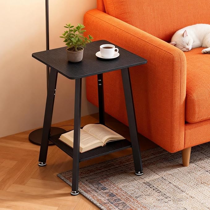King Oasis 2-Tier End Table, Wooden Side Table with Storage Shelf, Sturdy Couch Sofa Side Table for Living Room Bedroom,Black