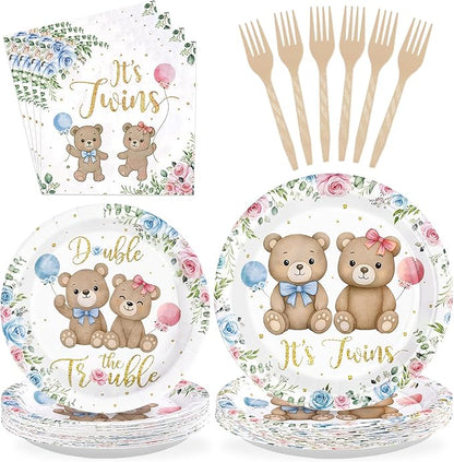 96Pcs Twin Bear Boy Girl Baby Shower Party Supplies It's Twins Pink Blue Floral Plates and Napkins Disposable Double the Trouble Tableware Set Newborn Gender Reveal Theme Party Decorations Serves 24