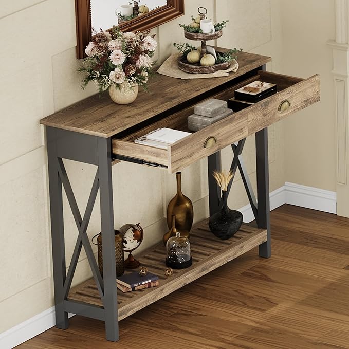 ChooChoo 47" Farmhouse Console Table with Drawer for Entryway, Narrow Long Entry Table with Shelf for Living Room, Rustic Vintage Hallway Sofa Table with Stable X Supports, Rustic Oak & Black