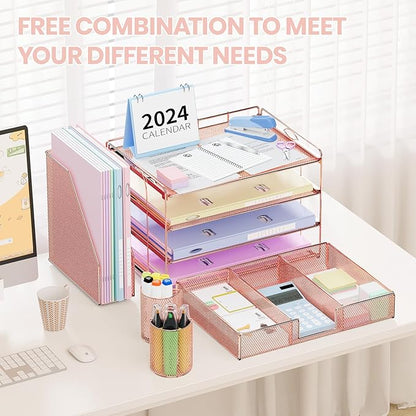 OPNICE Desk Organizer, 4-Tier Desktop File Organizer with Drawer and 2 Pen Holders, Office Desk Accessories, File Sorters, Workspace Organizers for Office Supplies(Rose Gold)