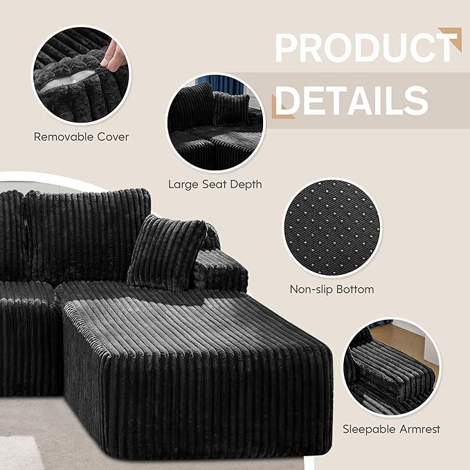 Modular Sectional Sofa Couches L-Shape Couch 3 Seat Modular Sofa Memory Foam Sectional Couches for Living Room, Cloud Couch with Oversized Chaise (Black Stripe, 108" Right Facing Chaise)