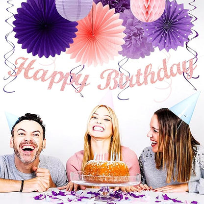 Purple Lilac-Lavender Pink Women Birthday Party-Decorations - 21pcs Happy Banner,Paper Lanterns Honeycomb,Tissue Pom Poms Flower Fan,Classroom Hanging Streamers Garland,Girls Decor Supplies Huglony