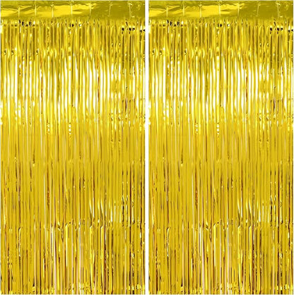 Thicken Gold Streamers 2 Pack 3.2 x 8.2 FT, Golden Birthday Decrorations Tinsel Backdrop Curtains, Foil Fringe Photo Backdrop for Birthday, Prom, Hollywood, Anniversary Party Decorations
