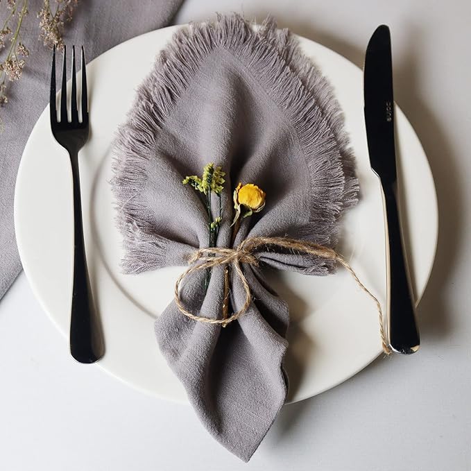 Handmade Cloth Napkins with Fringe,18 x 18 Inches Cotton Linen Napkins Set of 6 Versatile Handmade Square Rustic Fringe Napkins for Dinner, Wedding and Parties, Gray