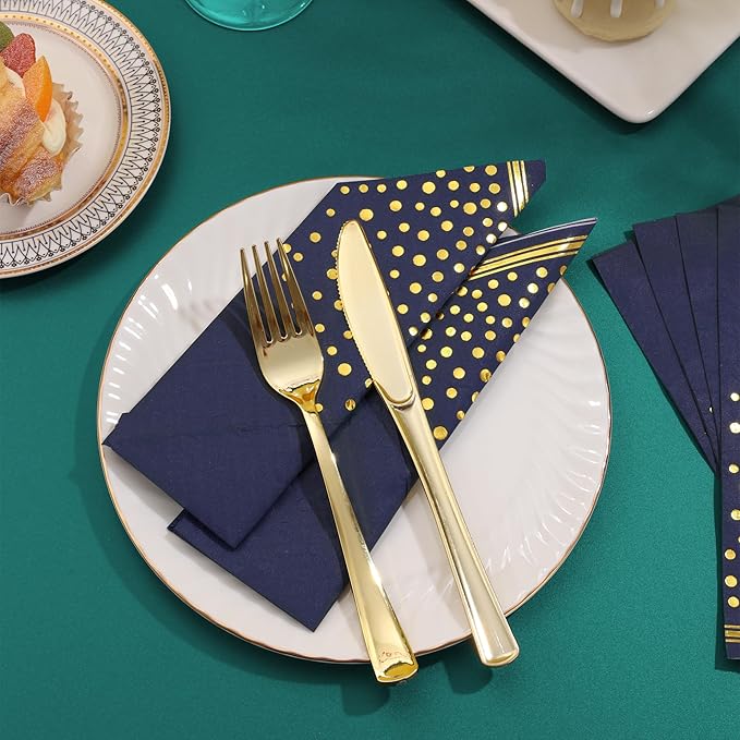 100 Pcs Blue Paper Napkins Disposable - Blue Gold Dot Party Napkins Navy Blue Dinner Napkins for Wedding Anniversary Birthday Bathroom Party Supplies