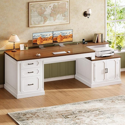 SEDETA 70.9" Executive Desk, Farmhouse Office Desk with Drawers and Storage Cabinet, Power Outlet, Computer Deskfor Home Office, Work Study Writing, White