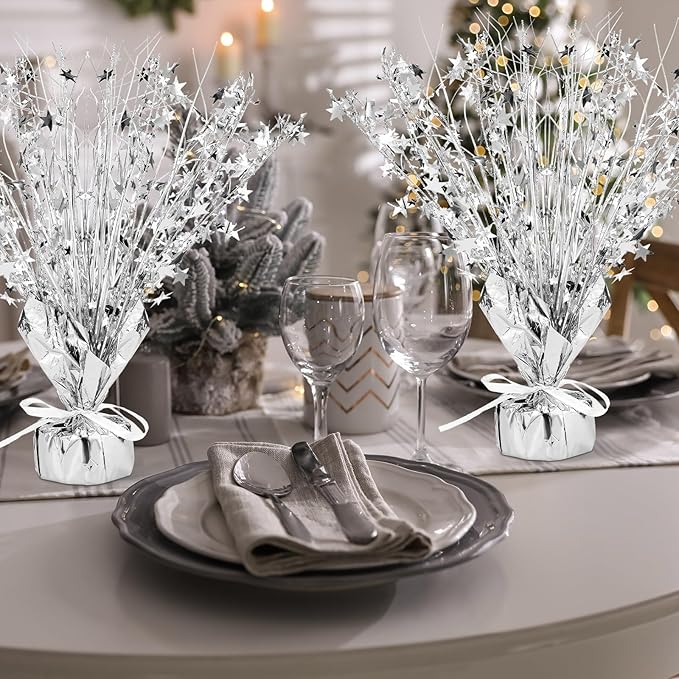 Crowye 18 Pcs Foil Spray Centerpiece Christmas Party Winter Star Table Decoration Burst Metallic Table Centerpieces for Birthday Party Season Holiday(Silver)