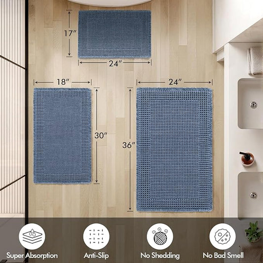 MIULEE Set of 2 Waffle Bathroom Rugs, Boho Bath Rug Super Absorbent, Non Slip Washable Ultra Soft Rubber Backed Shower Bath Mats for Floor, Tub, Shower, Bordered Design, Blue, 17"x24"+18"x30"