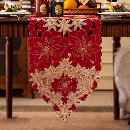 Joyfol Day Christmas Embroidered Table Runner 14 x 33 Inch, Cutwork Red Gold Poinsettia Table Runners, Winter Holiday Flowers Table Linens for Xmas Party Decorations