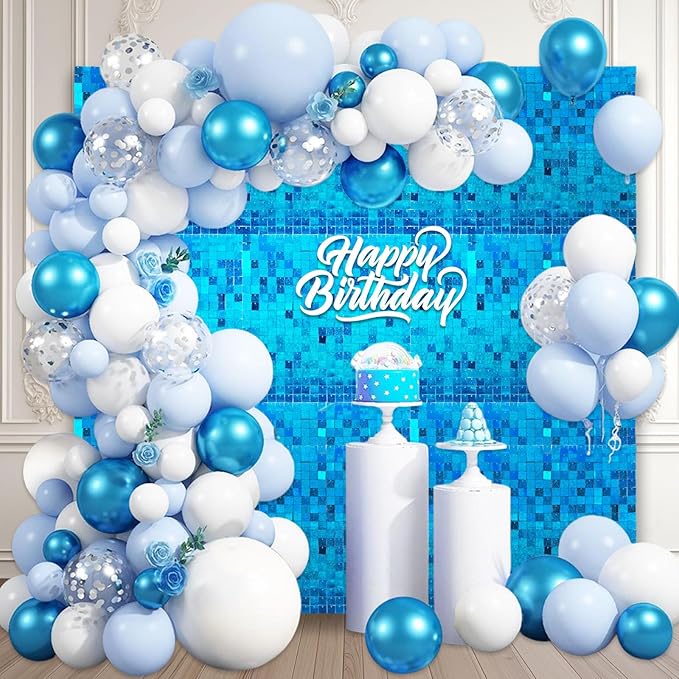 48 PCS Lake Blue Shimmer Wall Backdrop, Laser Square Sequin Photo Backdrops Panel, Glitter Wall Background for Birthdays, Weddings, Halloween, Engagements, Disco Bachelorette Party Decoration (6x8FT)