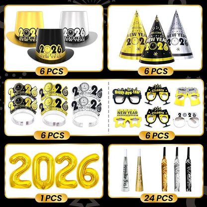 New Years Eve Party Supplies 2026 for 24 Guests, Happy New Years Decorations Party Favors Includes Top Hats, Tiaras, Glasses Accessories for Adults Kids Nye Decorations 2026