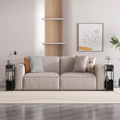 Black Side Table with Charging Station, Slim End Tables with Fabric Basket, Skinny Table for Small Spaces, Thin Bedside Table for Living Room, Bedroom