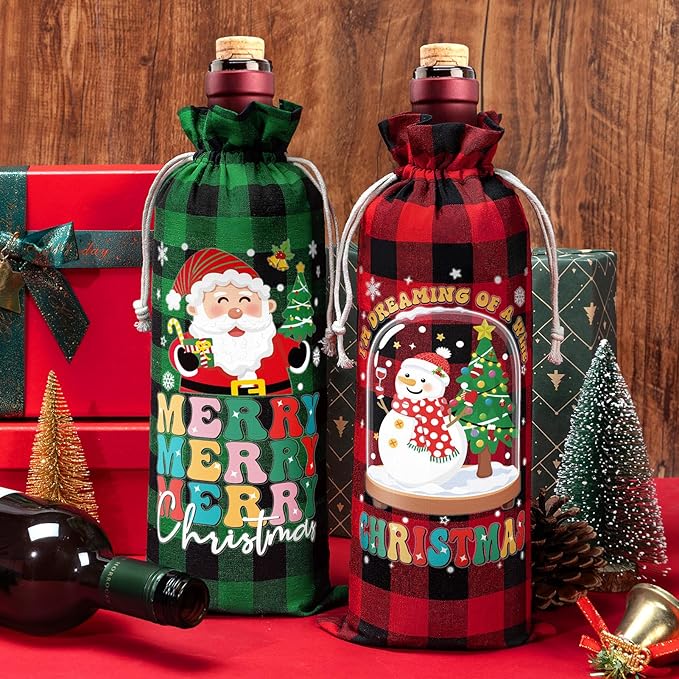 12PCS Burlap Wine Bag Christmas Wine Gift Bags, Drawstring Retro Christmas Bottle Cover Gift Bag w/ Tag, Buffalo Plaid Wines Bags for Bottles Gifts Reusable Bottle Covers for Xmas Holiday Party Decor