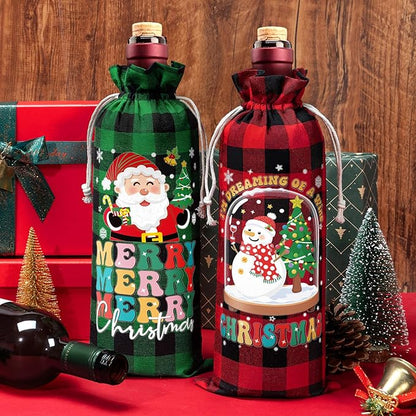 12PCS Burlap Wine Bag Christmas Wine Gift Bags, Drawstring Retro Christmas Bottle Cover Gift Bag w/ Tag, Buffalo Plaid Wines Bags for Bottles Gifts Reusable Bottle Covers for Xmas Holiday Party Decor