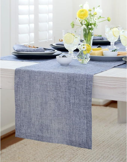 Solino Home Linen Chambray Indigo Table Runner 90 Inches Long - Athena, 100% Pure Linen Dining Table Runner 14 x 90 Inch for Christmas, Holiday, Winter, New Year
