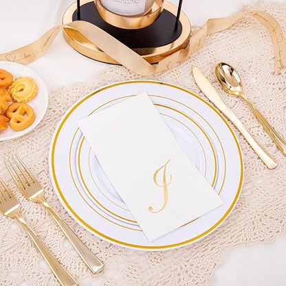 BUCLA 100PCS Gold Monogram Paper Napkins Letter J - Disposable Paper Napkins Elegant Metallic Golden Foil Gold Paper Napkin for Wedding, Birthday Party&Thanksgiving