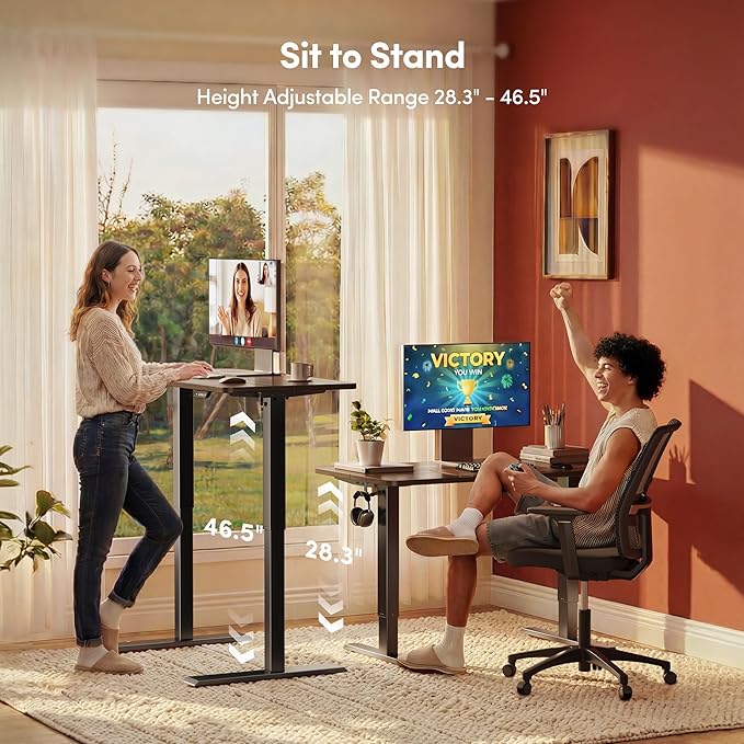 FEZIBO 48 x 24 Inchs Electric Standing Desk, Height Adjustable, Sit Stand Up, Computer Office Desk with Splice Board, Black Frame/Black Walnut Top