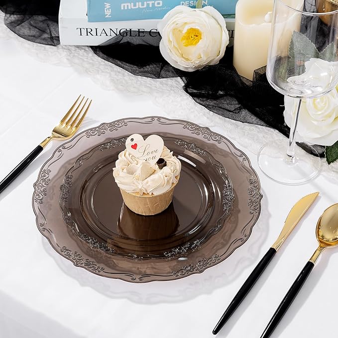 U-QE 100PCS Clear Black Plastic Plates - Heavy Duty Black Disposable Plates Including 50PCS 10'' Dinner & 50PCS 7.5'' Dessert Plates -Hard Plastic Platos for Halloween & Party & Wedding