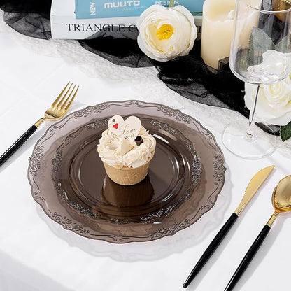 U-QE 100PCS Clear Black Plastic Plates - Heavy Duty Black Disposable Plates Including 50PCS 10'' Dinner & 50PCS 7.5'' Dessert Plates -Hard Plastic Platos for Halloween & Party & Wedding