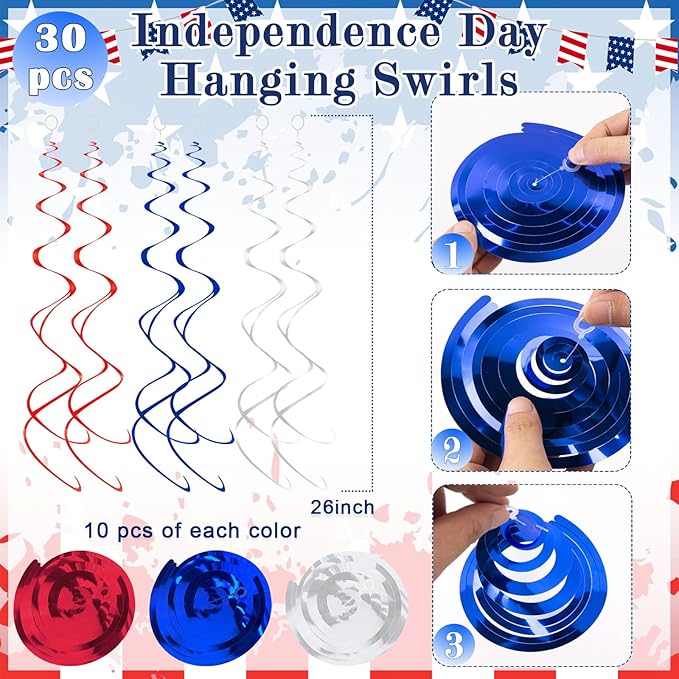 30 pcs Hanging Swirl Decorations Plastic Streamer Ceiling Swirls Party Decorations for 4th of July, Patriot Day, Veterans Day (Blue Red Sliver)