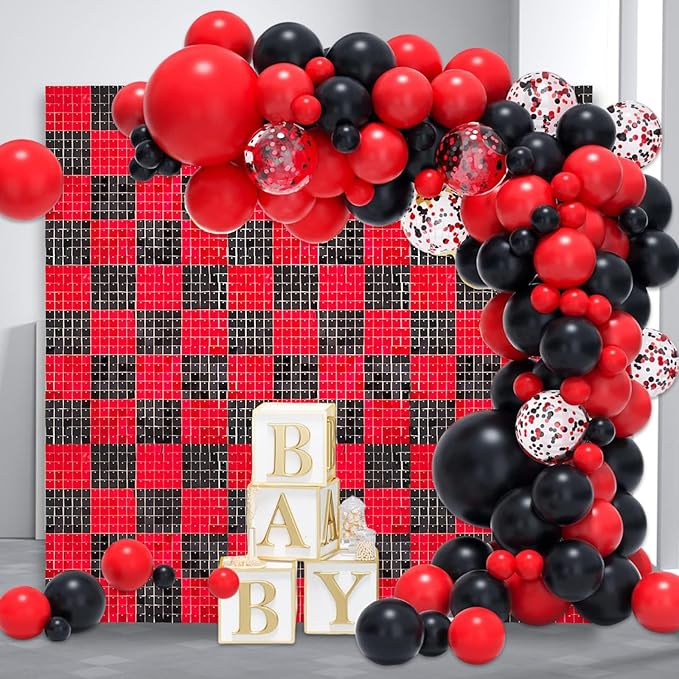 48 PCS Black Red Shimmer Wall Backdrop, Square Sequin Photo Backdrops Panel, Glitter Wall Background for Birthdays, Weddings, Halloween, Engagements, Disco Bachelorette Party Decoration (6FTx8FT)