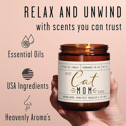 Cat Mom Gifts, Cat Gifts for Women Unique, Cat Lover Gifts for Women - 'Best Cat Mom Ever' Candle, w/Vanilla, Coconut & Vetiver I Cat Decor Themed I Cat Gifts for Cat Lovers I 50Hr Burn, USA Made