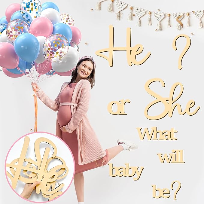 Large Wooden Gender Reveal Party Decor Backdrop Decals with 30 PCS Pink Blue Balloons He or She What Will Baby Be Balloon Arch Signs Colorable Boy or Girl Party Sticker Banner Baby Shower Photo Props