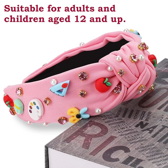 Teacher Headbands for Women, Teacher Appreciation Gifts, Pearl Rhinestone Back to School Headband for Girls, Jeweled Top Knot Embellished Hairband, Teacher Hair Accessories Outfits (Pink)