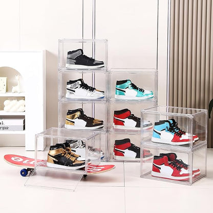 Acrylic Shoe Storage Boxes with Magnetic Door - 360° Clear Stackable Shoe Display Box Set, Plastic Shoe Cabinet Rack Box for Sneakers Heels Shoes (1, Clear, XL - Side Open)