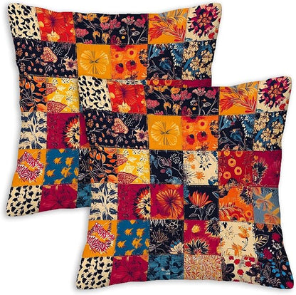 Printed Patchwork Inspired Throw Pillow Covers 18x18 Set of 2 | Floral Quilt Look Cushion Cases | Home Decorative Pillowcases for Couch, Sofa, Bed and Living Room