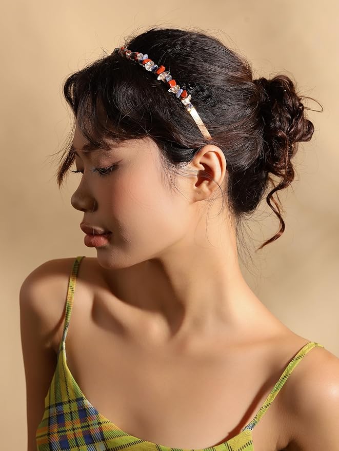 MINACHI Handcrafted Gold-Tone Hairband with Colorful Mixed Stones, Boho Bridal Accessories, Jewelry Gift for Women
