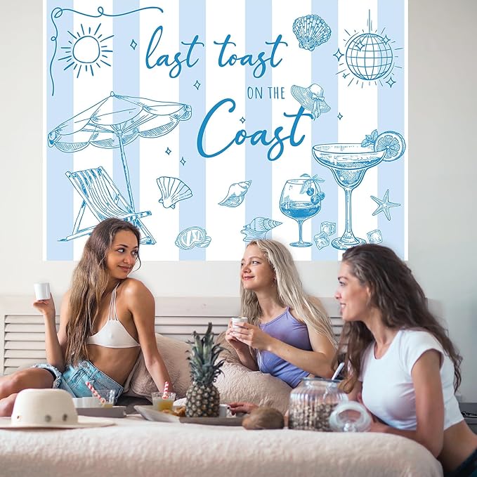 Last Toast on The Coast Backdrop 7 x 5 Ft Summer Beach Photography Background Banner Blue Champagne Bachelorette Party Photo Prop for Bachelorette Bridal Shower Engagement Party Decor