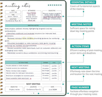 Taja Meeting Notebook for Work Organization - Work notebook with action items, Meeting Minutes Planner Notebook, Perfect Office Supplies for Men & Women - Dark Green