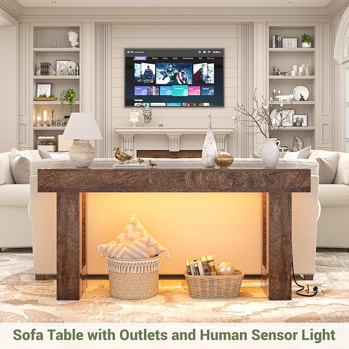 Unikito 63'' Farmhouse Console Table with Power Outlets and Sensor Light, Wooden Entryway Table with Storage, Rectangular Sofa Tables Behind The Couch for Entrance, Hallway, Living Room,