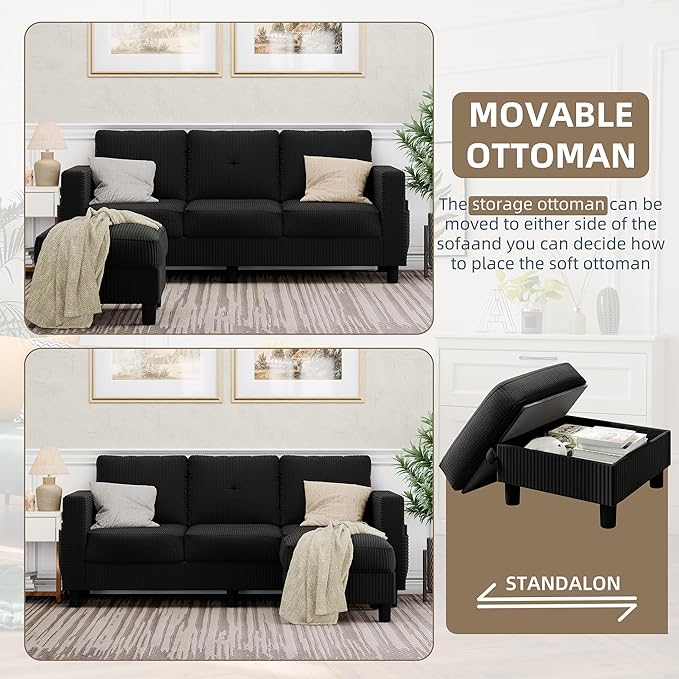 JAMFLY Convertible Sectional Couches for Living Room, L-Shaped Couch 3 Seat Sectional Sofa Set with Corduroy Fabric and Movable Ottoman Small Couch for Apartments, Office(Black)