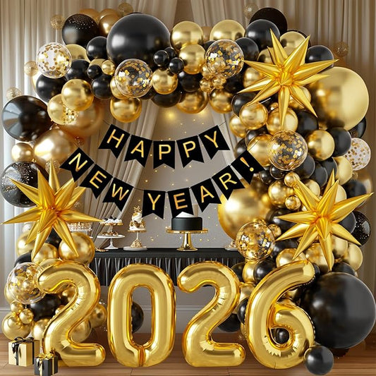 140Pcs New Year Decorations 2026 Balloons Arch - Party Supplies 2026 with Black & Gold 2026 Balloons, Happy New Year Banner - Perfect for Eve Celebrations