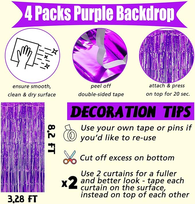 4 Pack Purple Fringe Curtain Backdrop, 3.2Ft x 8.2Ft Metallic Tinsel Foil Fringe Streamers Background for Photo Booth Birthday Wedding Baby Shower Carnival Easter Mother’s Day Party Decorations