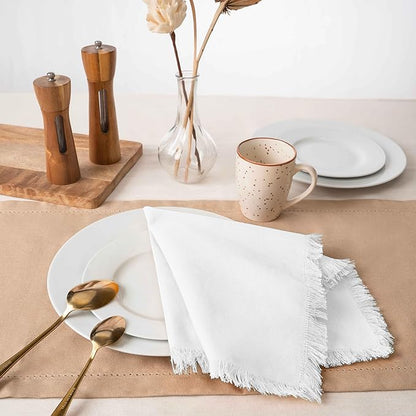 Blue Needles Handmade Cotton Linen Cloth Napkins with Fringes - Set of 6 Ivory Dinner Table Napkins 18x18 Inch Hemmed Edges Washable, Soft, Reusable, Perfect for Fall Thanksgiving & Family Dinner
