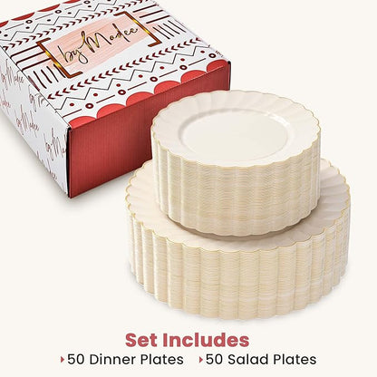 By Madee HEAVYWEIGHT 100 Pc Ivory Scalloped Plastic Plates for Party with Gold Trim | 50 Dinner & 50 Dessert Party Plates | Elegant Fancy for Wedding, Bridal Showers Special Moments (50 Guests)