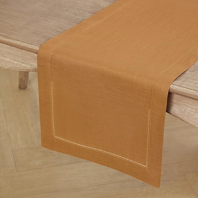 Solino Home Linen Table Runner 48 Inches - 100% Pure Linen Brown Sugar Hemstitch Table Runner 14 x 48 Inch Ideal for Dresser and Coffee Tables - Fall, Autumn - Classic Hemstitch