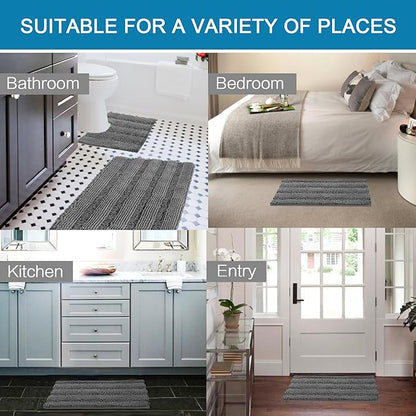 H.VERSAILTEX Bathroom Rugs Bath Rug Set 2 Piece Bathroom Contour Rug Toilet Mat Sets Non Slip Contour Bath Rug Ultra Thick Water Absorbent Striped Bath Mats Washable(47" x 17" Plus 20" x 20" U, Grey)