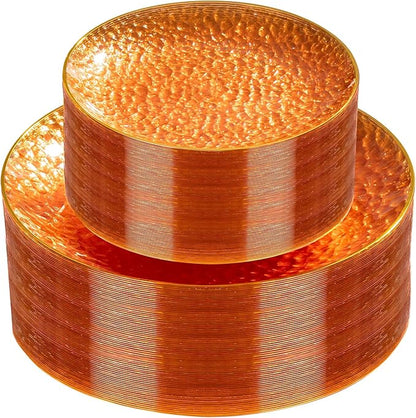 Rubtlamp 60Pcs Orange Plastic Plates, Orange Disposable Plates With Gold Rim, Hammered Plastic Plates Include 30 Dessert Platos, 30 Dinner Platos for Party, Thanksgiving