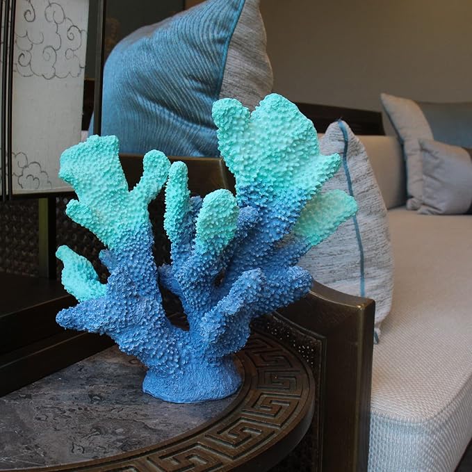 Blue Resin Coral Decorations Artificial Coral Statue Home Décor Accents Hawaiian Beach Decorations for Home Nautical Decorations Beach Themed Home Living Room Party Decor -8.2"