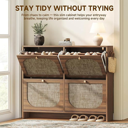 Nicetree Freestanding Ultra Slim Arched Rattan Accent Shoe Storage Cabinet for Entryway - 4 Flip Drawers & 3-Tier Adjustable Shelves, Farmhouse Modern Rustic Shoe Rack for Hallway, Foyer Oak