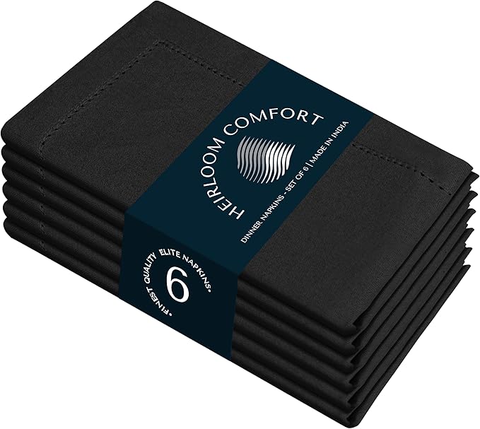 Black Cloth Napkins Set of 6, 18 x 18 Inch - 100% Cotton, Soft, Durable, Absorbent, Reusable, Washable - Hemstitch Mitered Edges - Ideal for Dinner, Weddings, Formal Events, Everyday