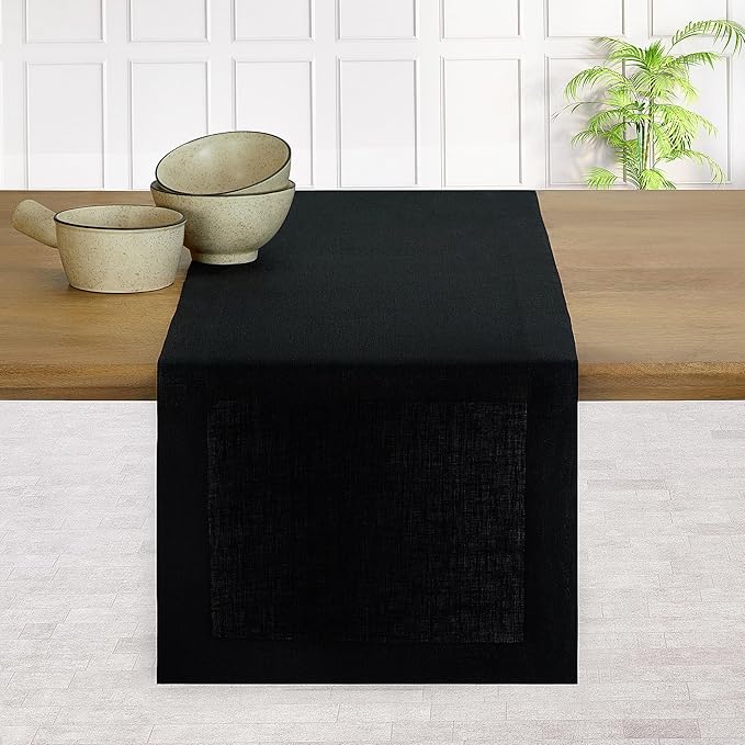 D'Moksha Homes Linen Black Table Runner 108 Inches Long - 100% Pure Linen Dining Table Runner 14 x 108 Inch for Winter, Christmas, Holiday - Machine Washable