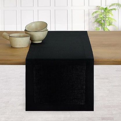 D'Moksha Homes Linen Black Table Runner 36 Inches - 100% Pure Linen Small Table Runner 14 x 36 Inch for Dresser, Coffee Tables, Winter, Christmas, Holiday - Machine Washable