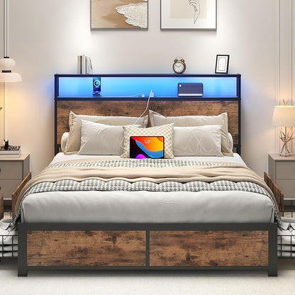 Lifezone Full Bed Frame with 2-Tier Storage Headboard, Metal Platform Bed Frame with 4 Storage Drawers, Built in Charging Station & LED, Noise-Free/Metal Support/No Box Spring Needed, Vintage Brown