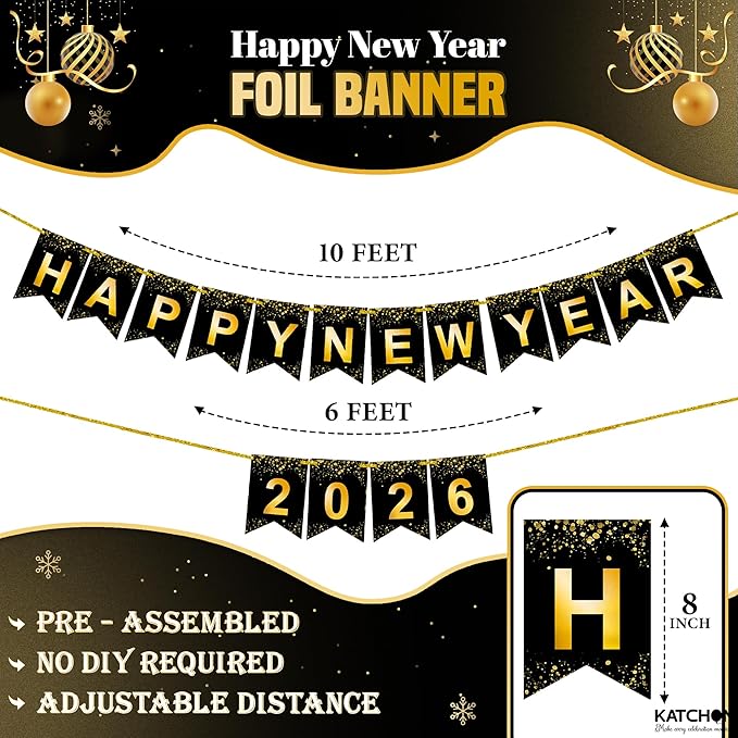 KatchOn, Happy New Year Banner - Large 10 Feet | New Year Sign for New Years Decorations 2026 | New Year's Garland for New Years Eve Party Supplies 2026 | NYE Decorations 2026