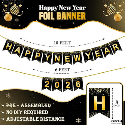 KatchOn, Happy New Year Banner - Large 10 Feet | New Year Sign for New Years Decorations 2026 | New Year's Garland for New Years Eve Party Supplies 2026 | NYE Decorations 2026